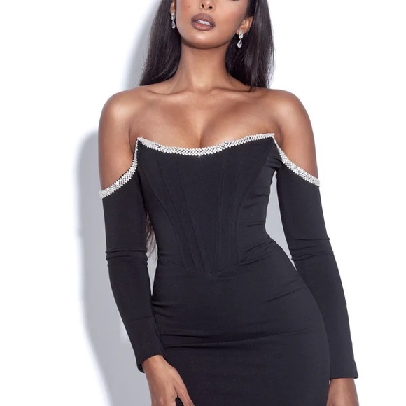 Miss Circle Annika Black Off Shoulder Long Sleeve Corset Dress w/ Crystal trim - Picture 8 of 17